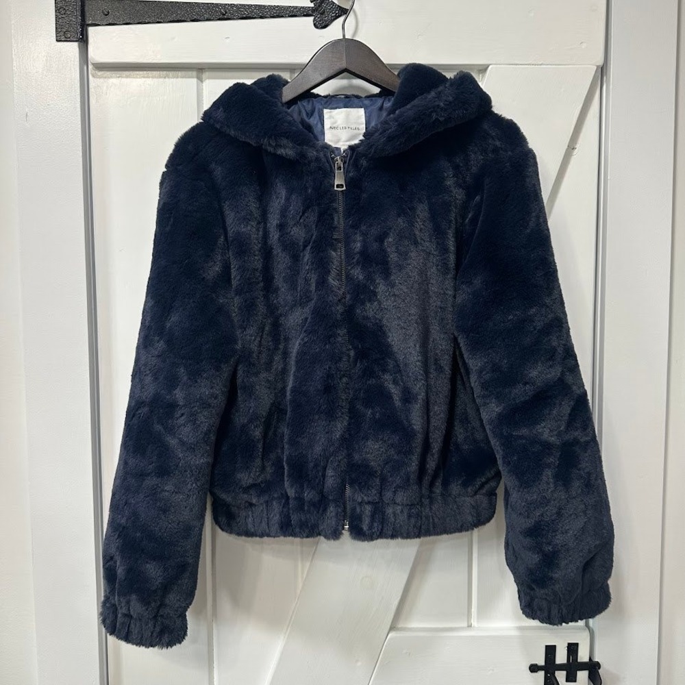 Avec Les Filles Womens Faux Fur Hooded Jacket Size S Navy Blue Bomber Zip Up